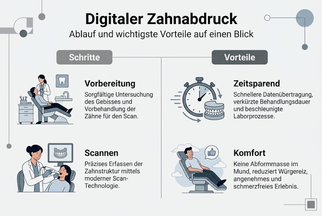 Eine anschauliche Infografik veranschaulicht, wie der digitale Zahnabdruck abläuft und welche Vorteile diese moderne Methode bietet.
