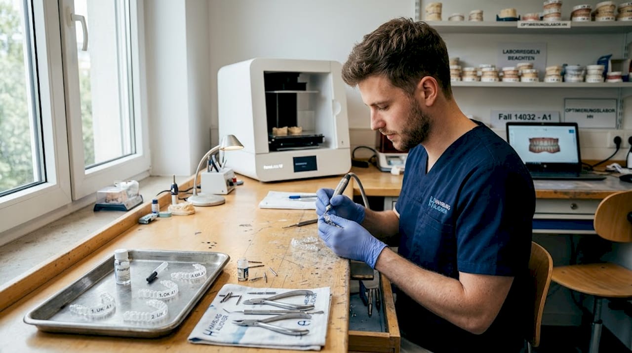 Detailaufnahme von Aligner-Schienen auf einem Labortisch