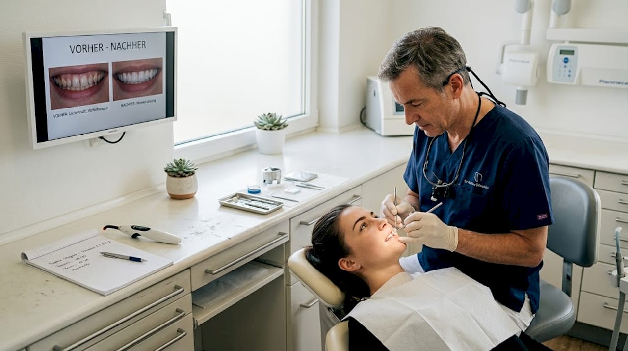 Eine Zahnärztin bringt eine Veneer auf den Zahn einer Patientin an.
