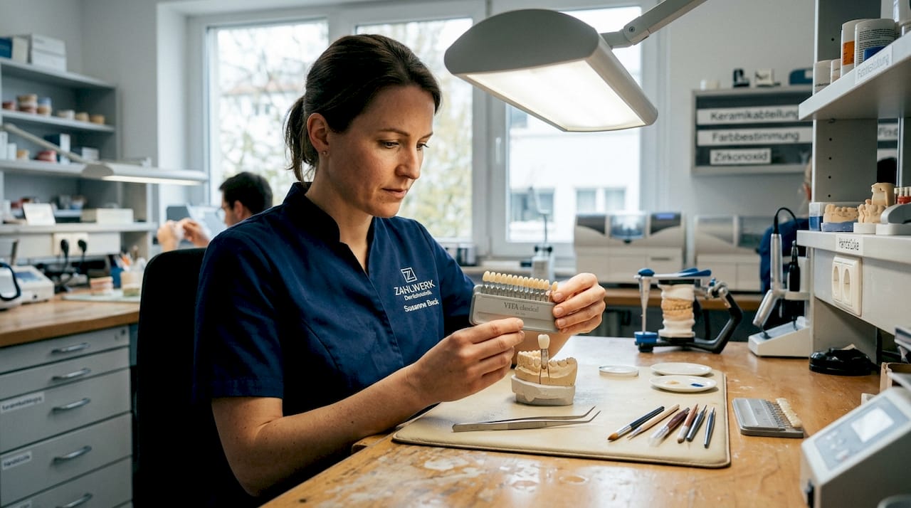 Eine Zahntechnikerin begutachtet hochwertige Keramikimplantate auf ihre Ästhetik.