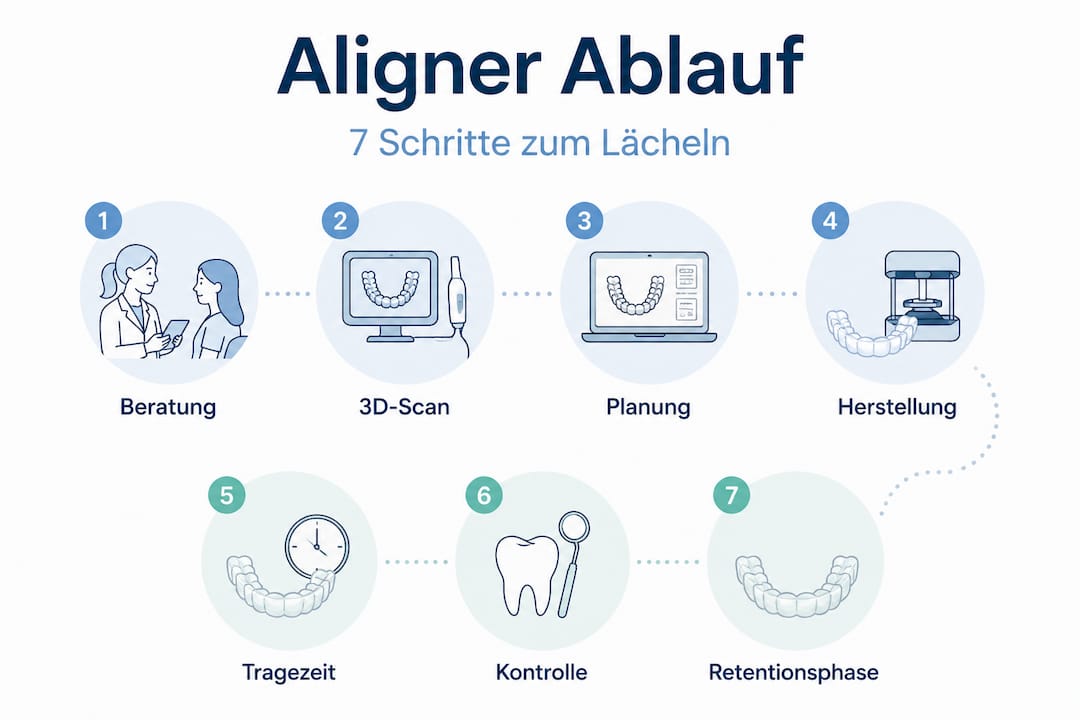Die Infografik veranschaulicht die sieben Schritte einer Aligner-Therapie auf einen Blick.
