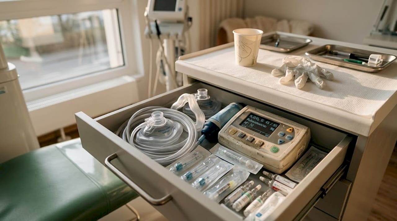 Schublade im Behandlungszimmer mit Sedierungszubehör