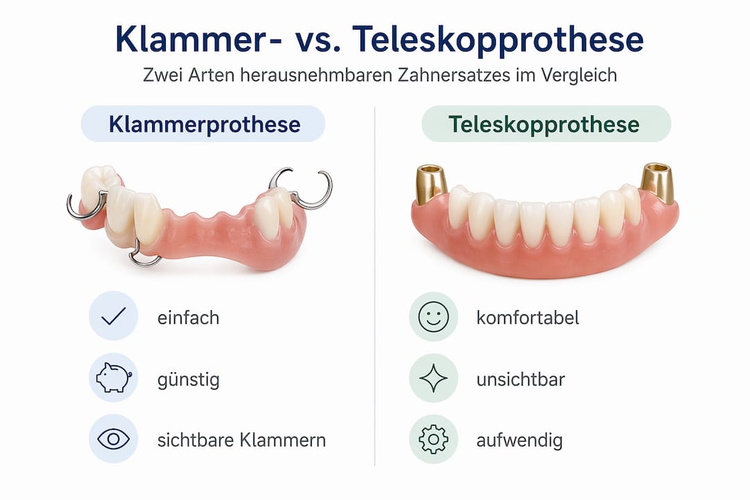 Gegenüberstellung: Klammerprothese vs. Teleskopprothese – Die wichtigsten Unterschiede auf einen Blick