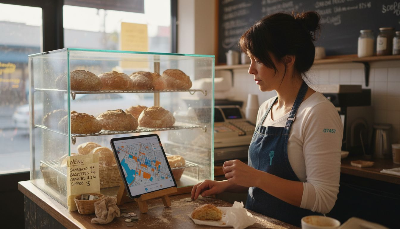 Bakery owner checking PPC ad tablet map