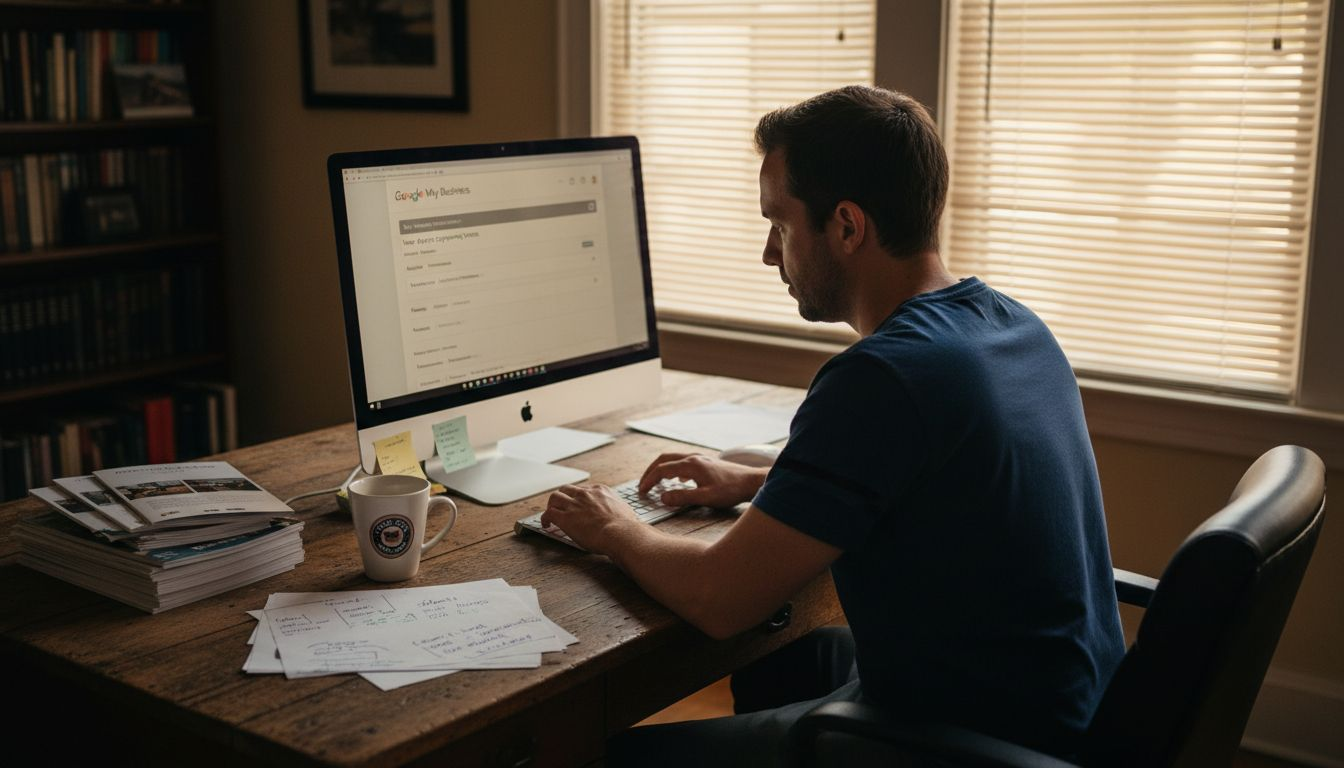 Man updating business profile at computer