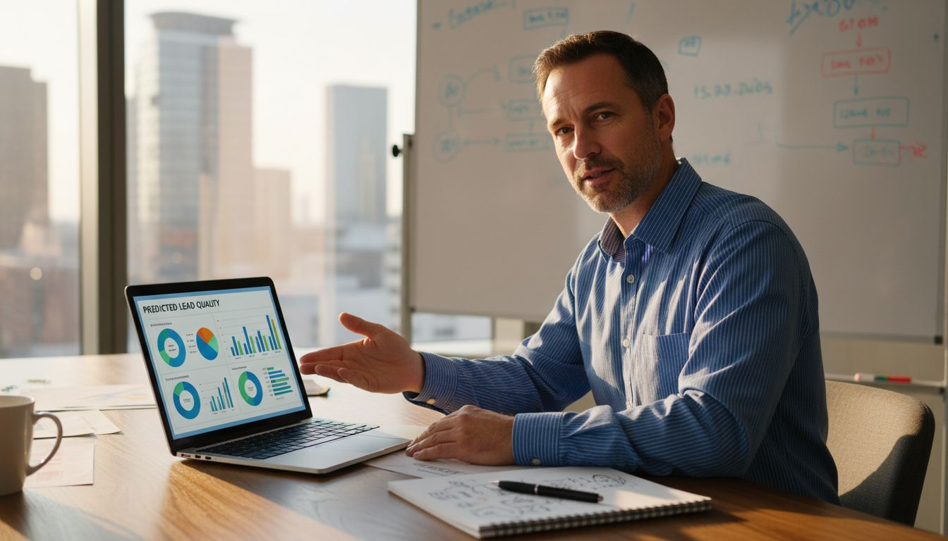 Manager demonstrating AI-powered marketing analytics