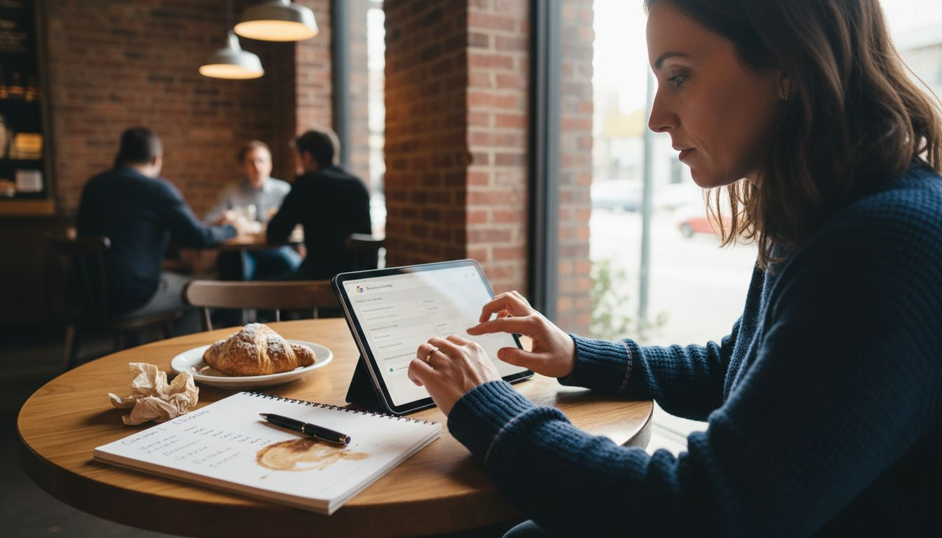 Manager editing Google business profile at café table