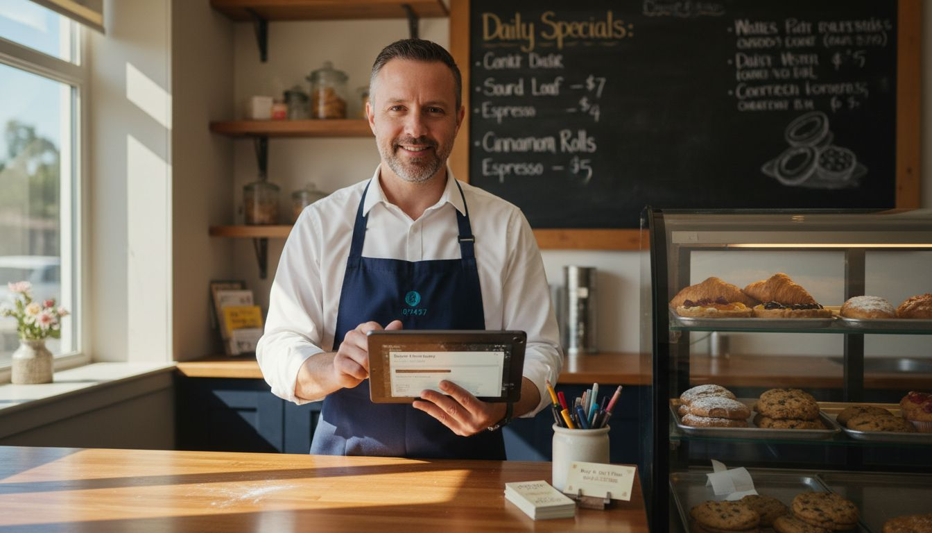 Bakery manager updating Google My Business listing