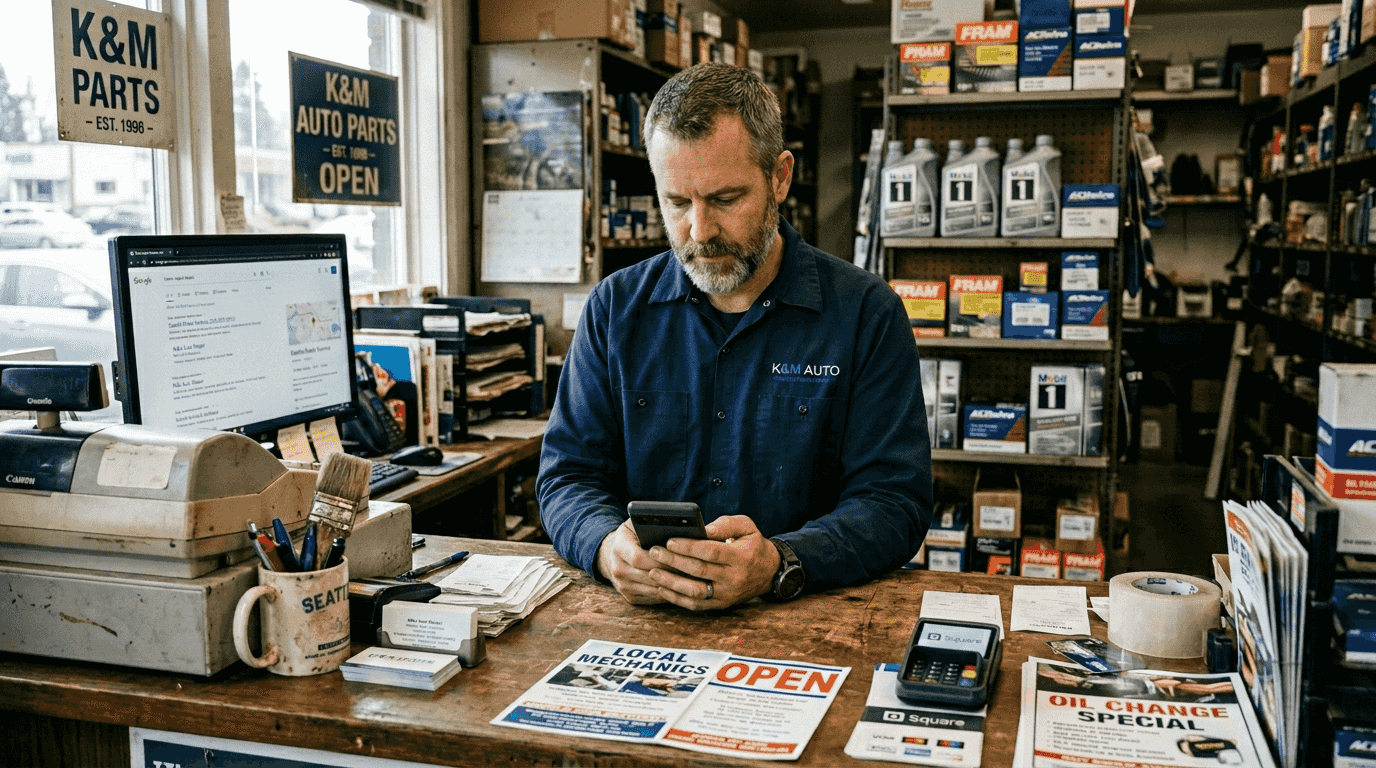 Local shop owner researching keywords