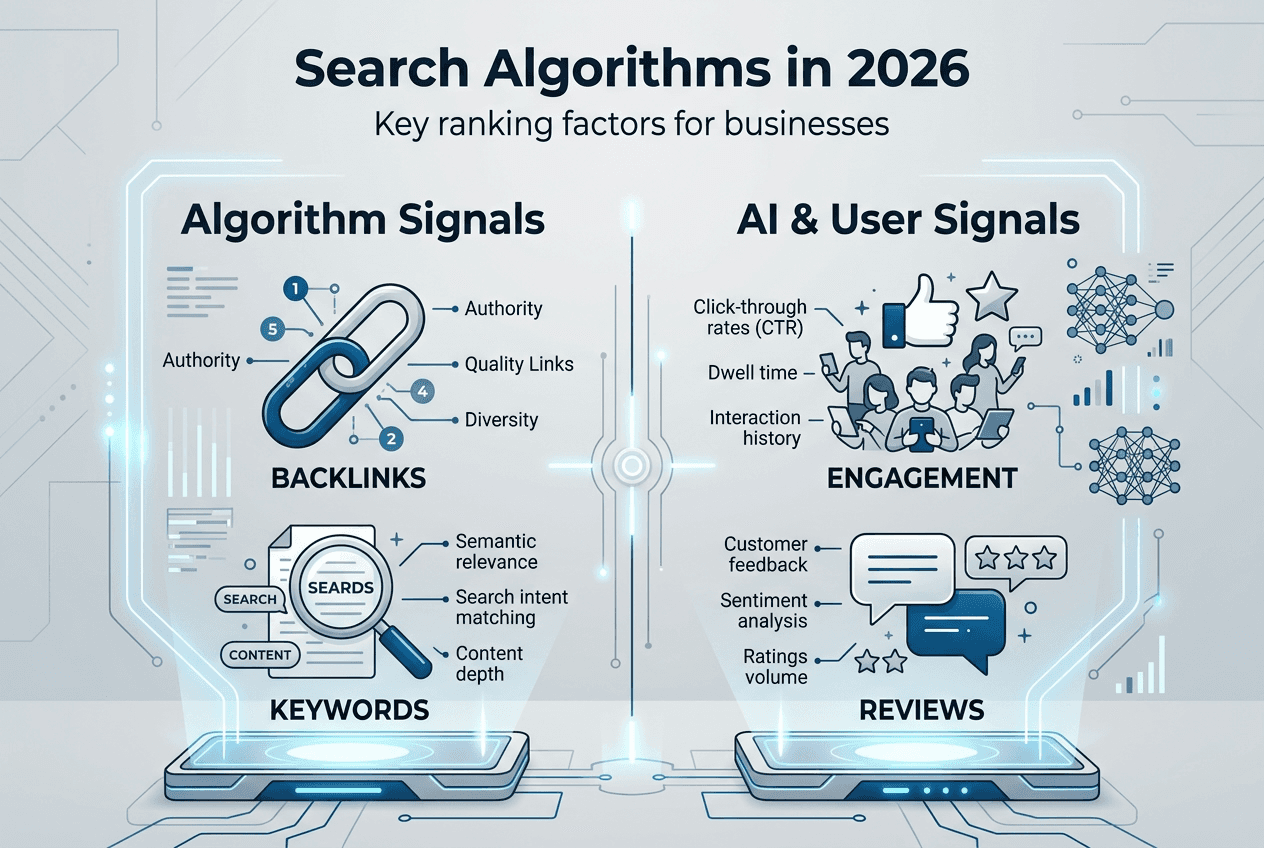 Infographic comparing algorithm and AI ranking signals