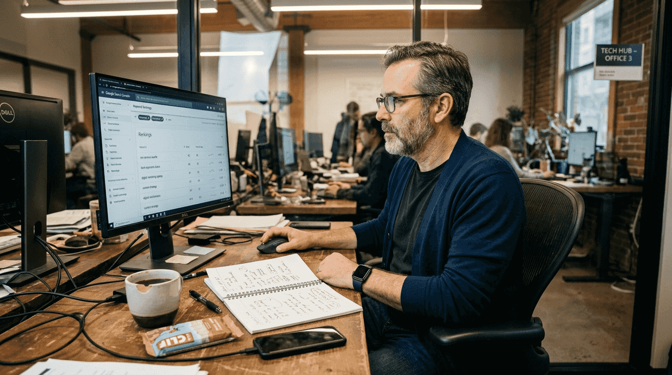 SEO specialist reviewing rankings at cluttered desk