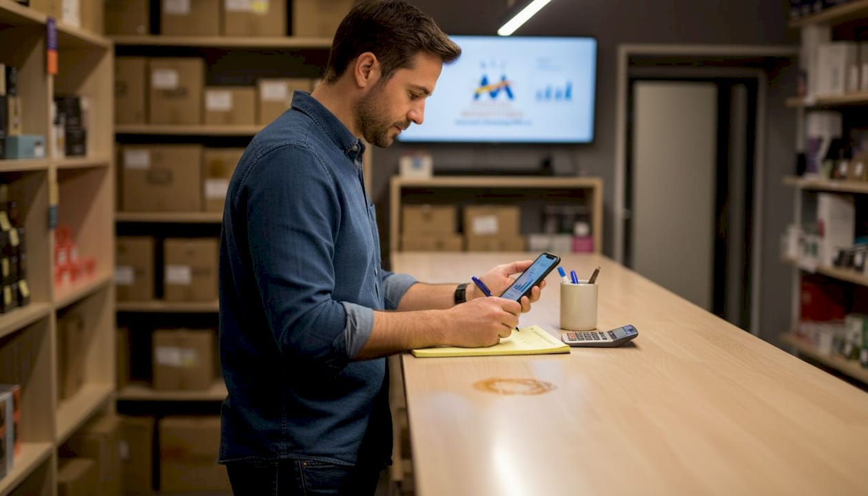 Business owner reviews search metrics in shop