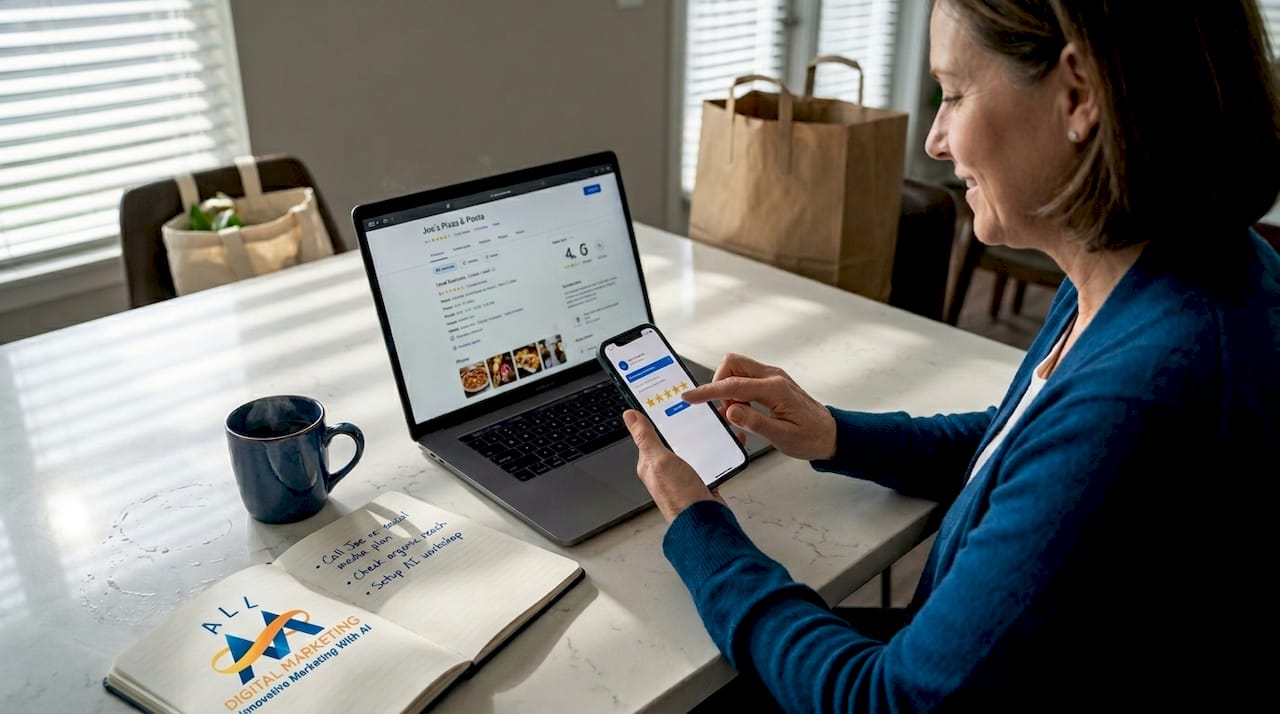 Customer posting positive online review at home