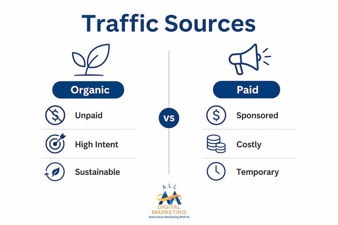 Infographic comparing organic and paid traffic