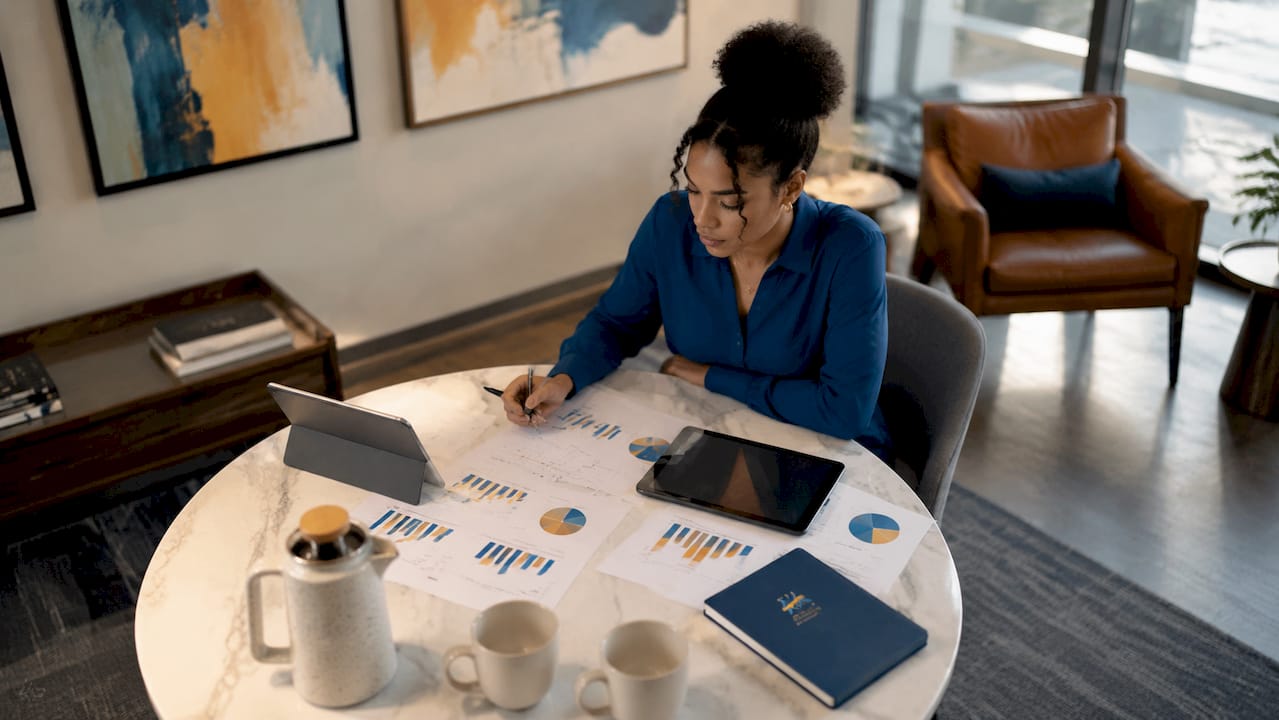 Table with digital devices and papers on engagement metrics