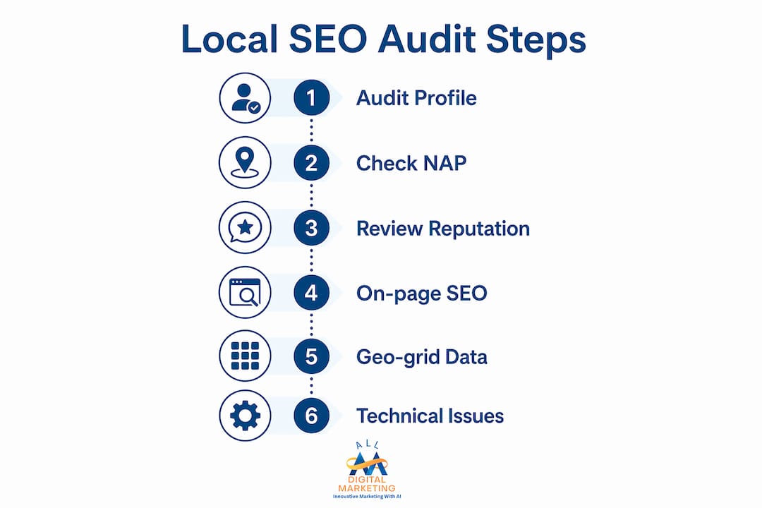 Infographic showing key steps of local SEO audit process