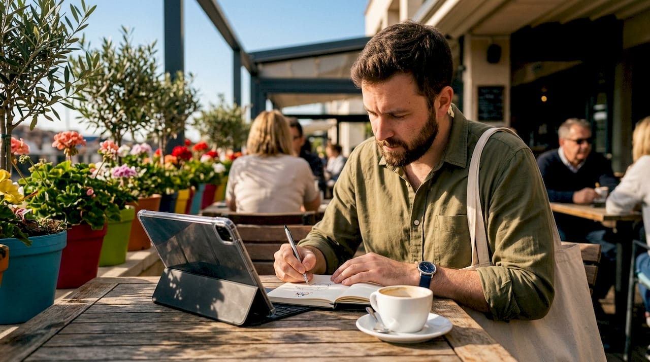 Overhead shot of workspace with tablet and coffee cup