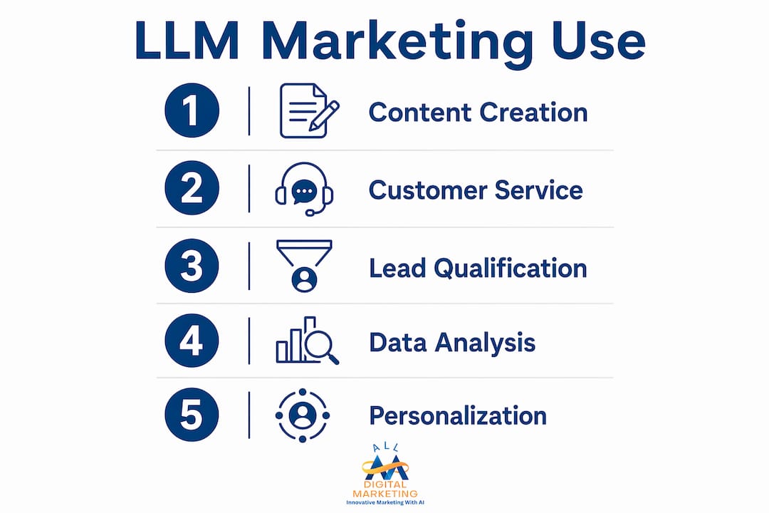 Infographic illustrating key LLM marketing applications