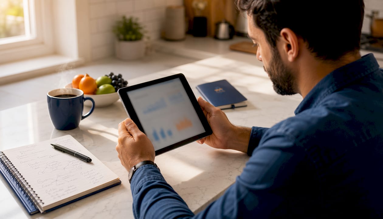 Marketer reviewing tablet in home office setting