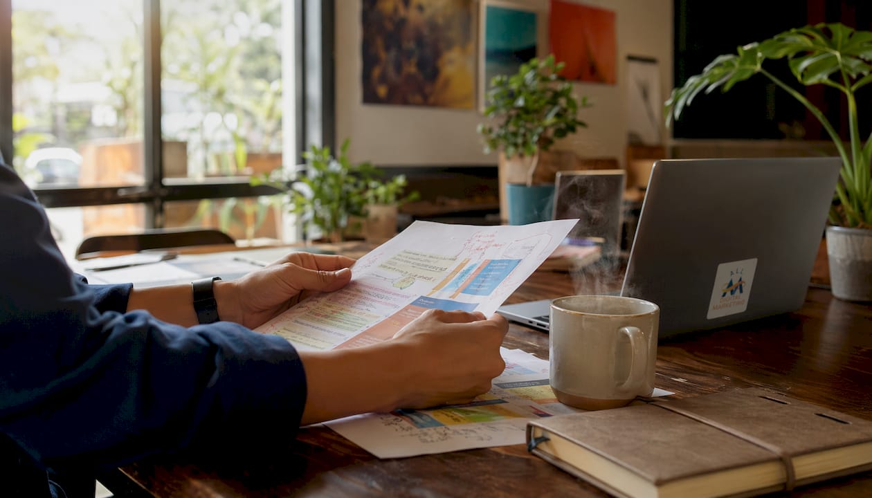 Hands reviewing printed user-generated video content feedback
