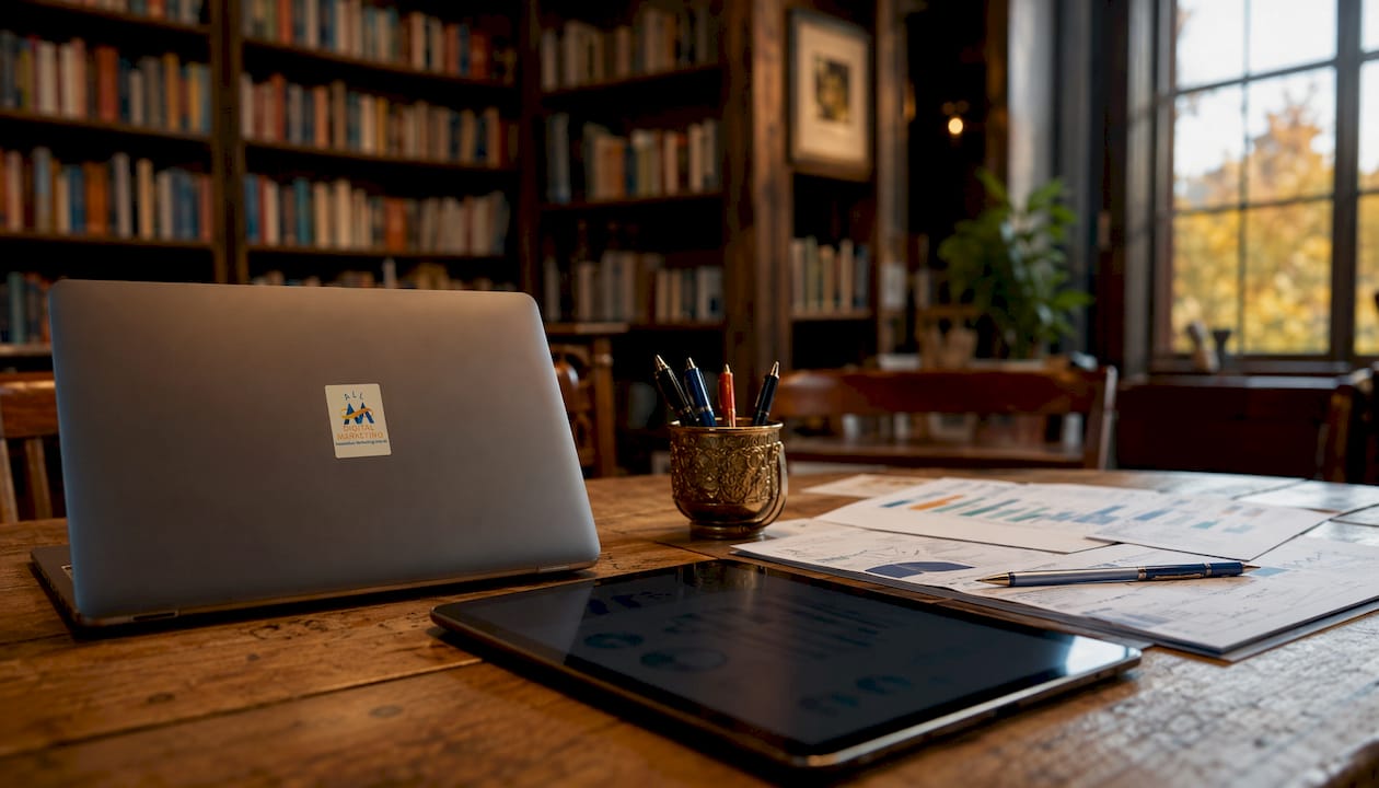 Workspace with SEO analysis tools on desk