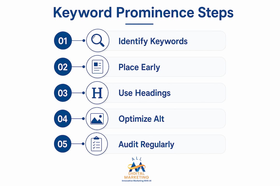 Infographic showing key steps for optimizing keyword prominence