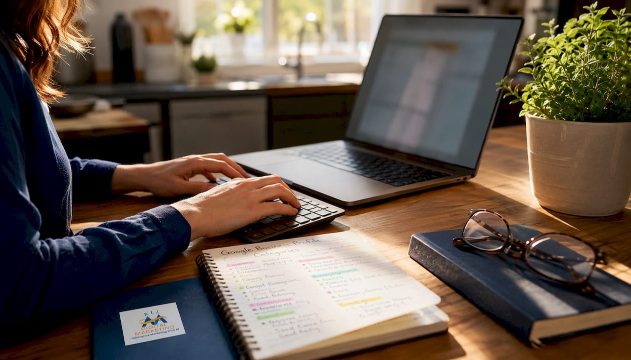 Hands typing notes on Google Business Profile