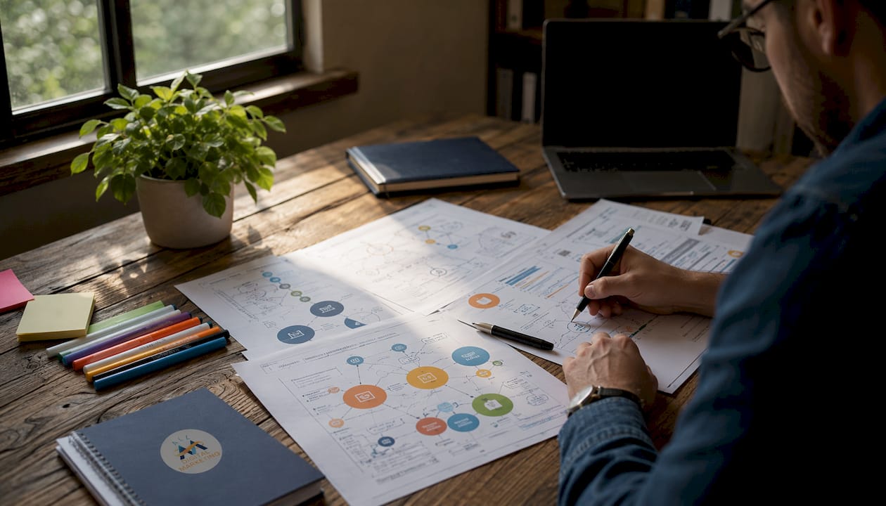 Printed customer journey stage metrics on desk