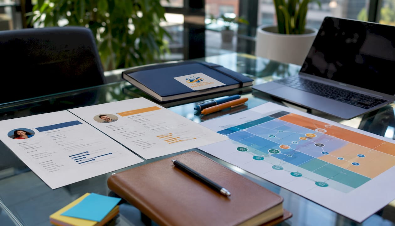 Close-up of journey mapping persona profiles and materials