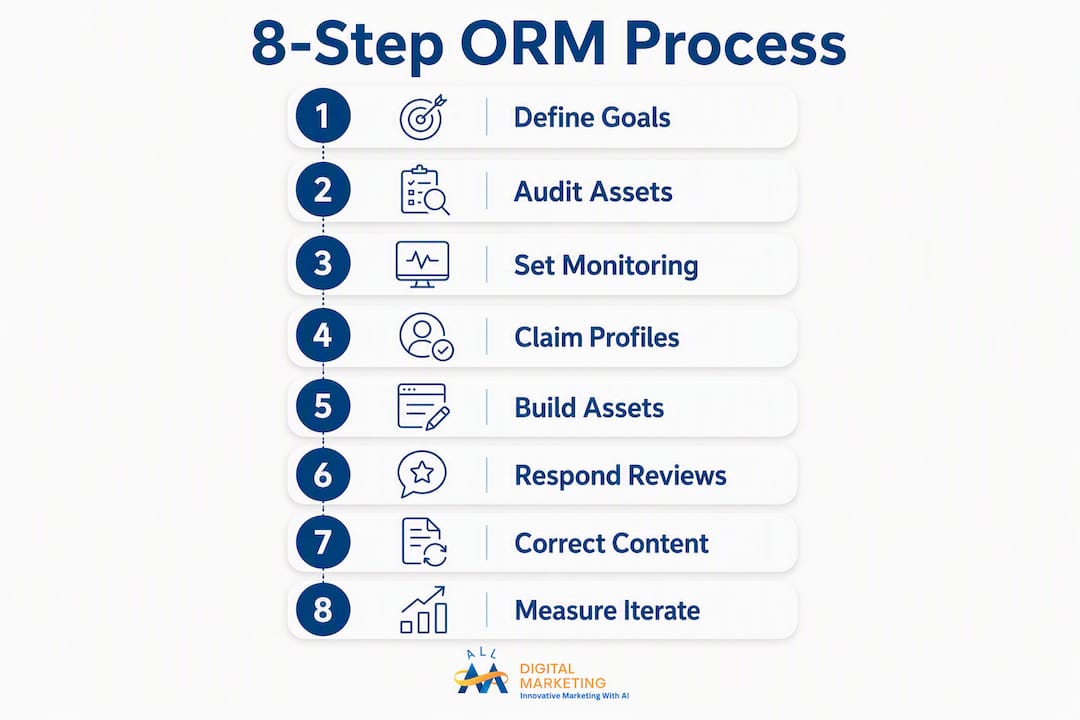 Infographic showing 8-step online reputation management process