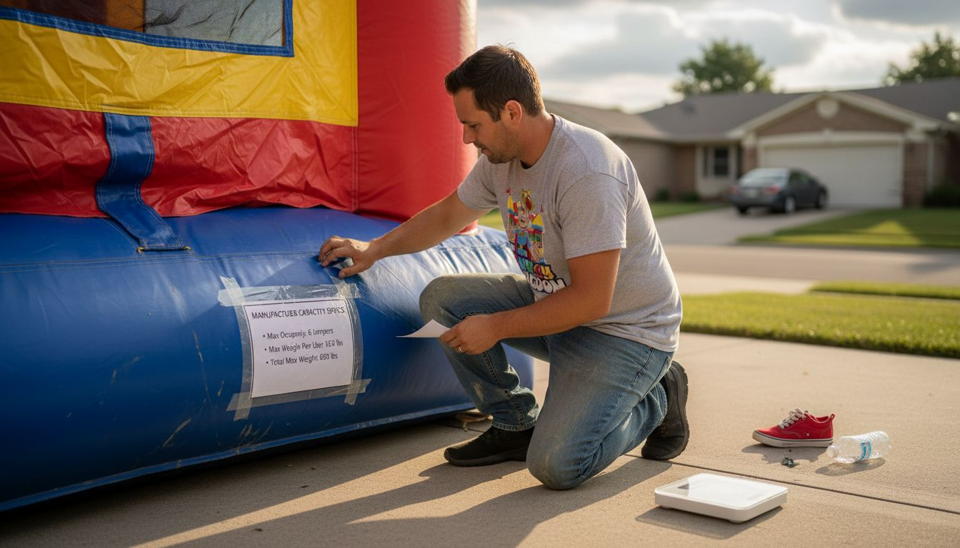 Operator checks bounce house weight sign