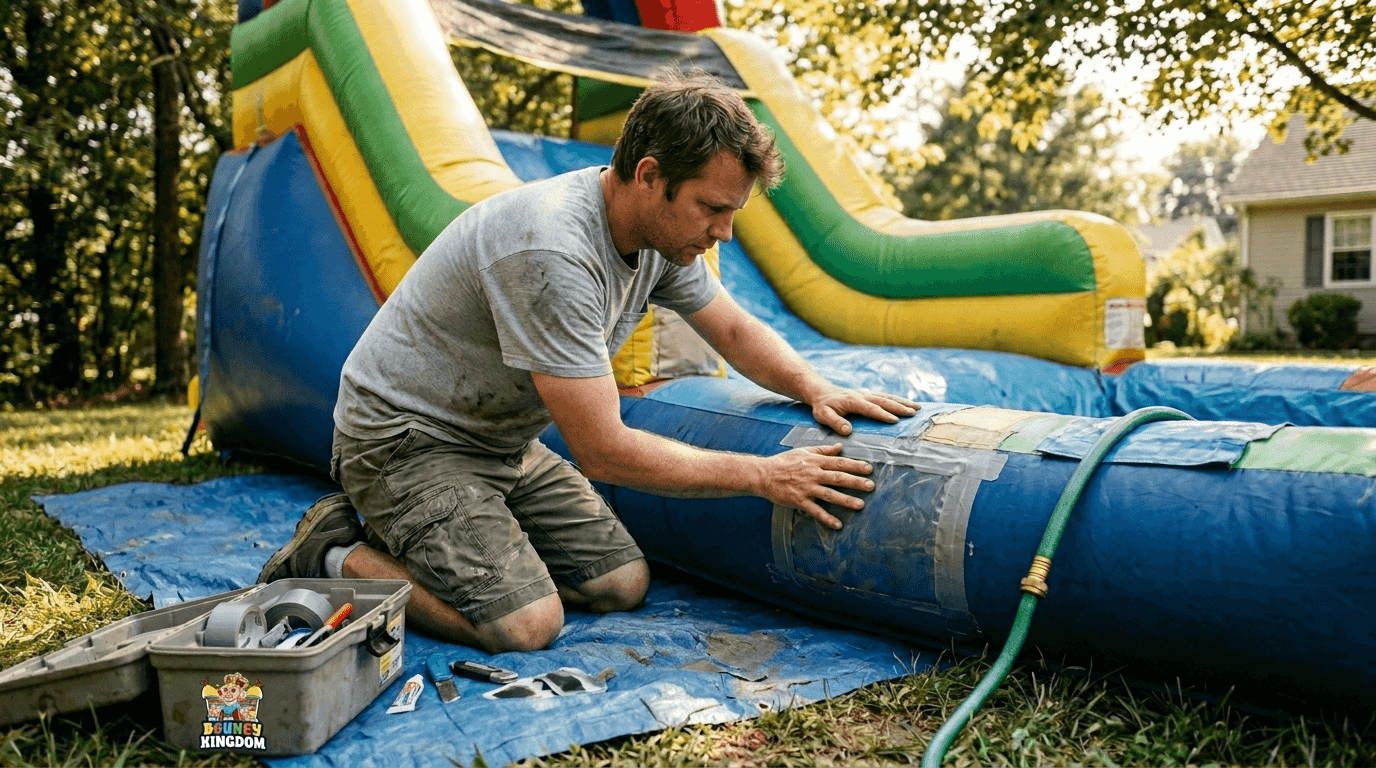 Parent checking inflatable water slide before party