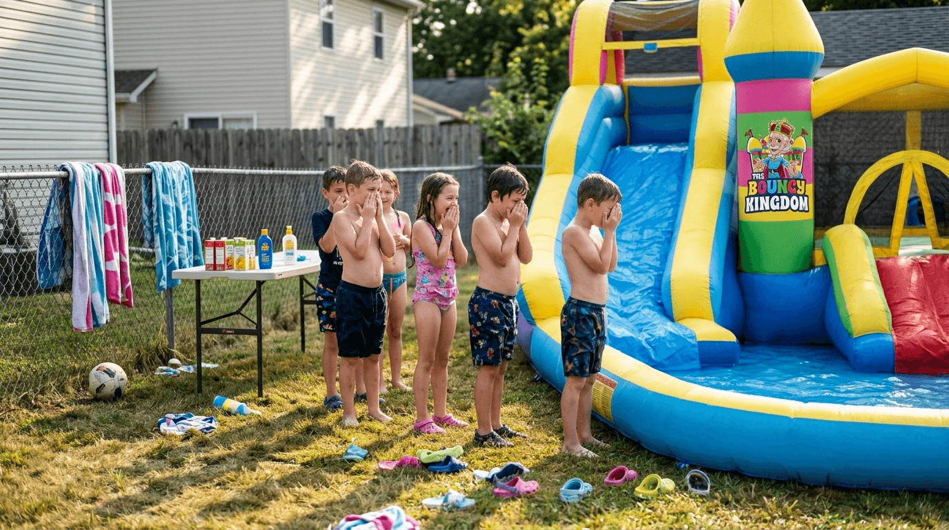 Kids playing on backyard water slide during Frisco Texas birthday party