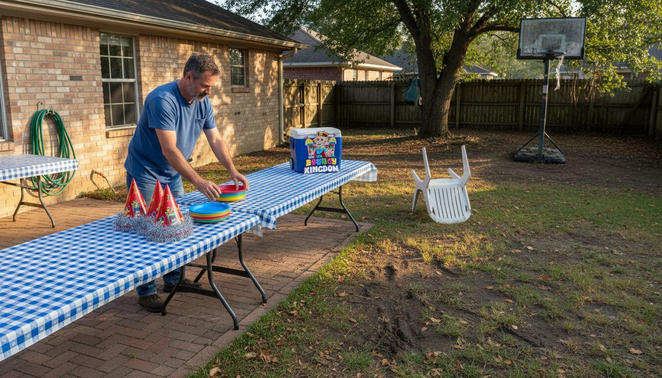 Father setting up backyard birthday party table