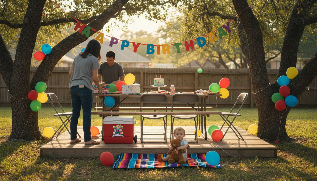 Parents decorating backyard for birthday party in Frisco Texas
