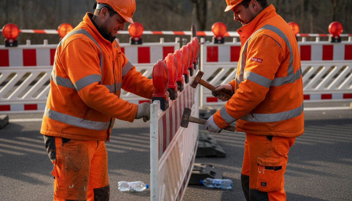 Bauarbeiter bringen Absperrgitter mit auffälligen Warnmarkierungen an.