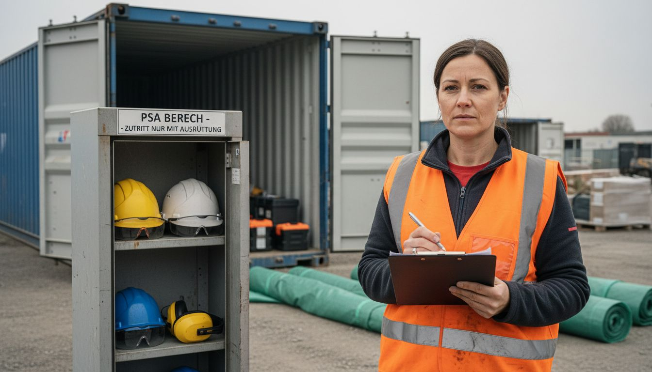 Die Sicherheitsfachkraft überprüft regelmäßig, ob die verwendete persönliche Schutzausrüstung auf der Baustelle den vorgeschriebenen Standards entspricht.