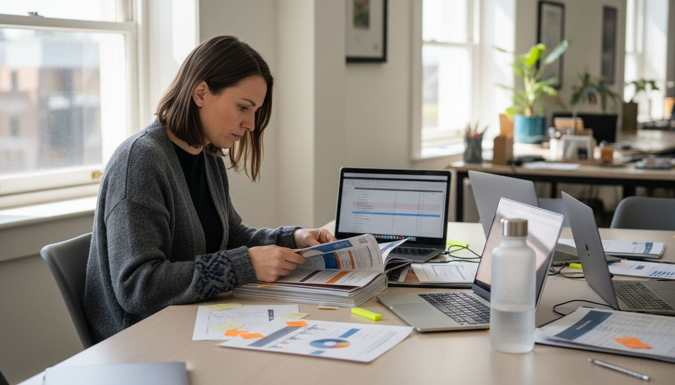 Businesswoman reviewing ecommerce platform brochures