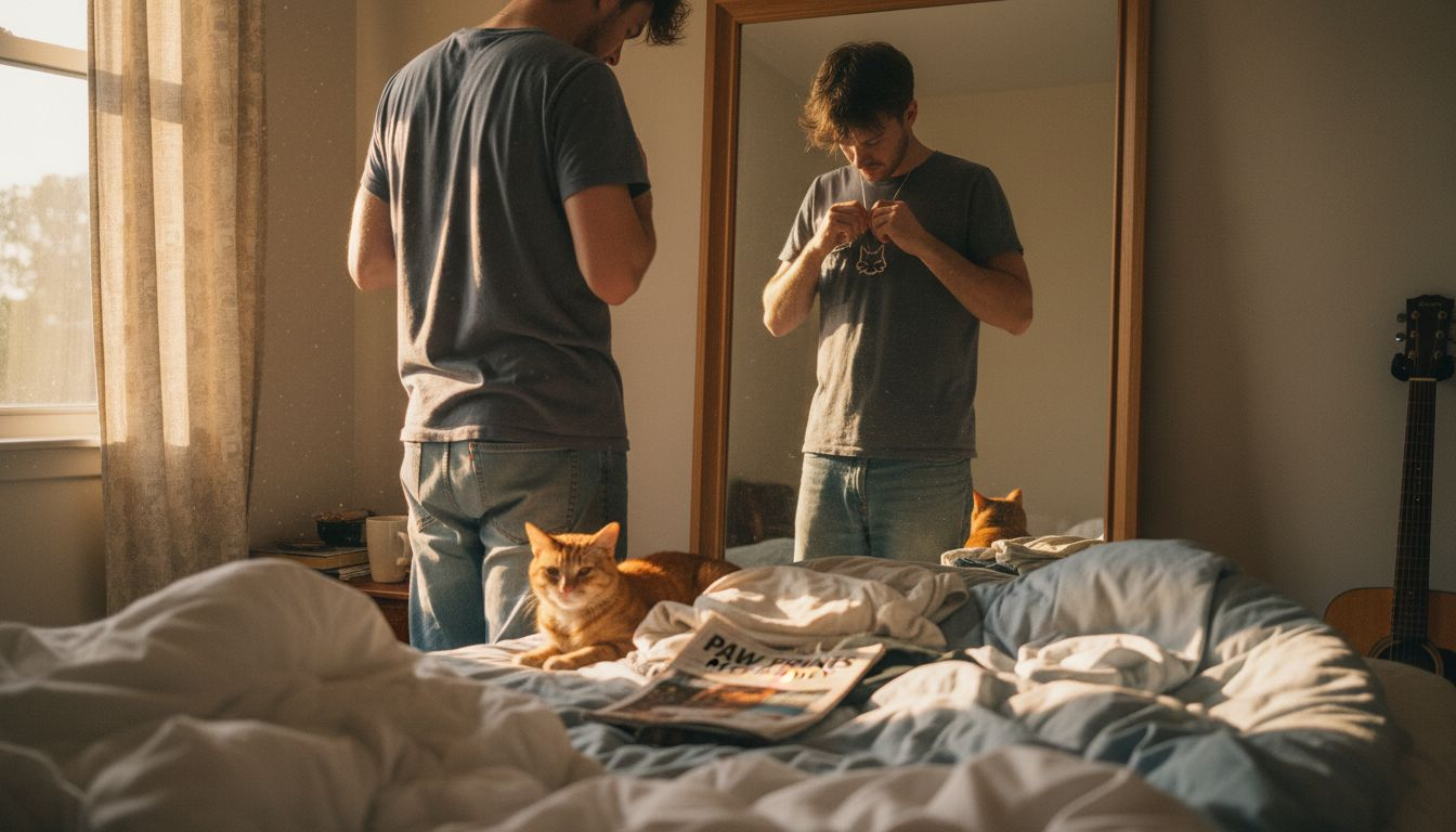 Man trying on cat-shaped necklace at mirror