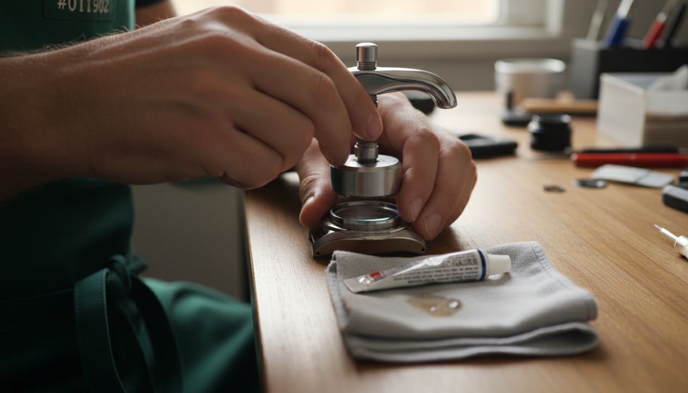 Hands pressing sapphire crystal into Seiko watch