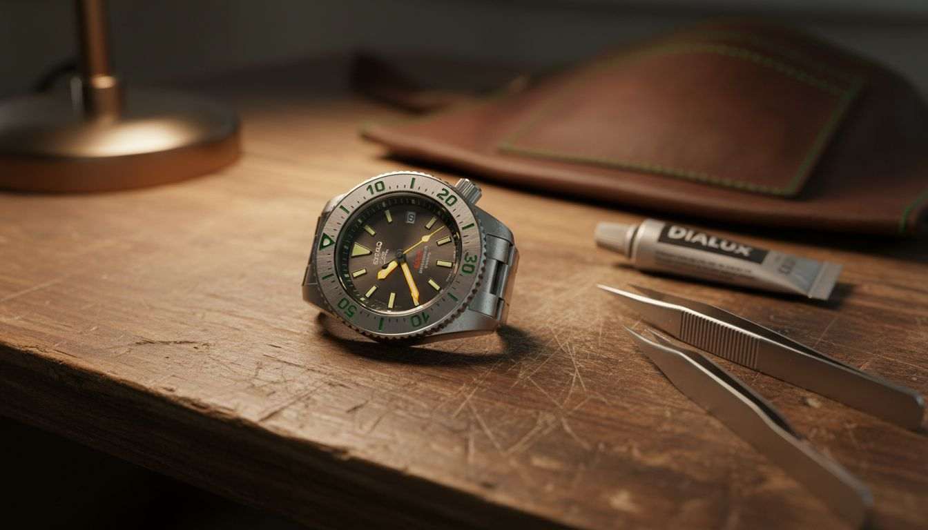 Primo piano dell'orologio subacqueo Seiko personalizzato