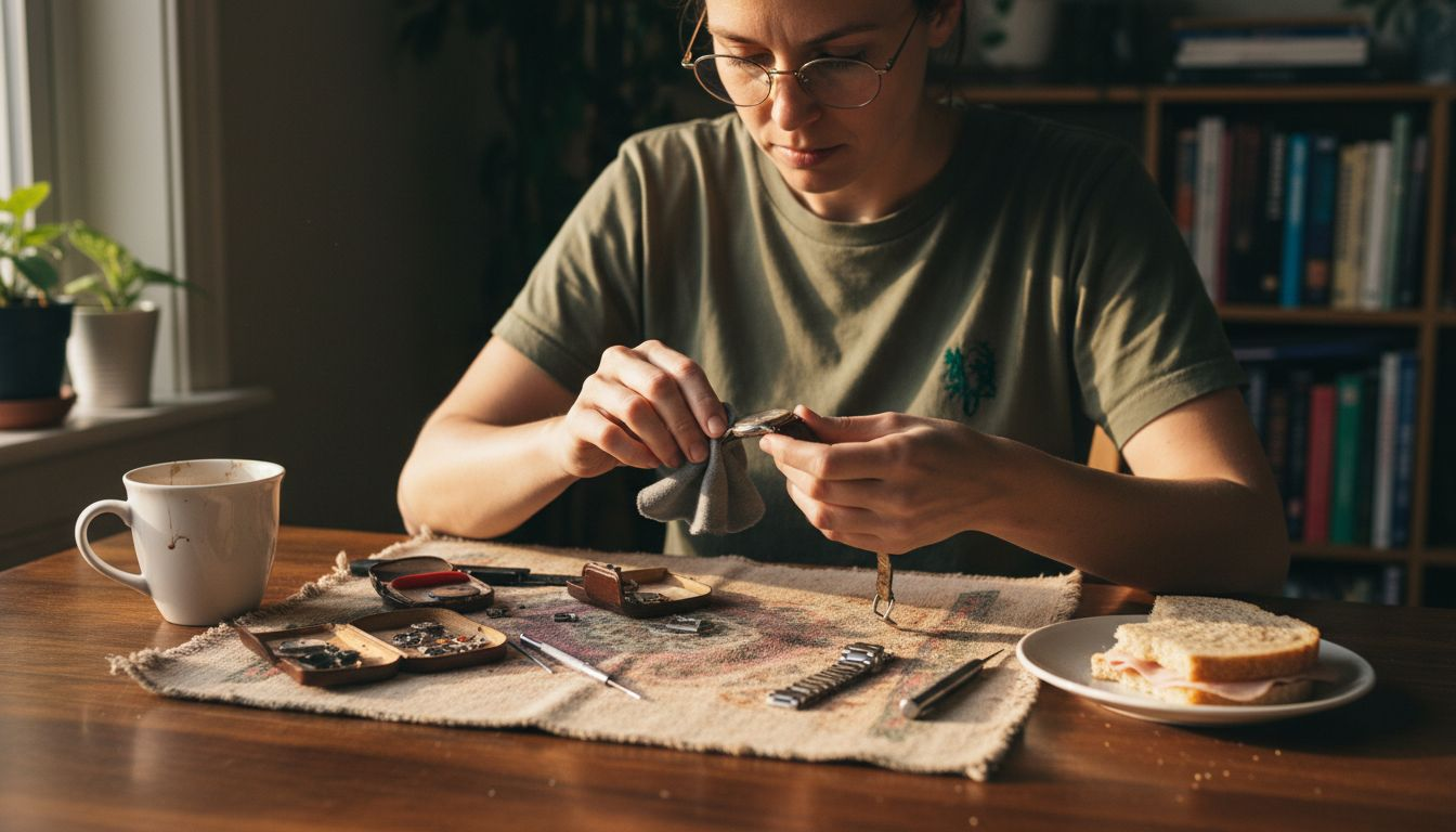 Restaurierung einer Vintage-Uhr am Küchentisch
