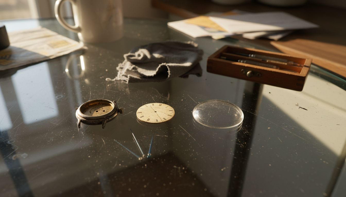 Four watch parts on glass table with tools