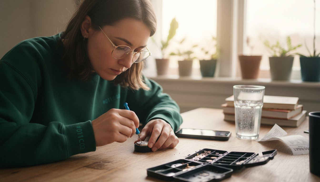 Woman modifying watch components at kitchen table