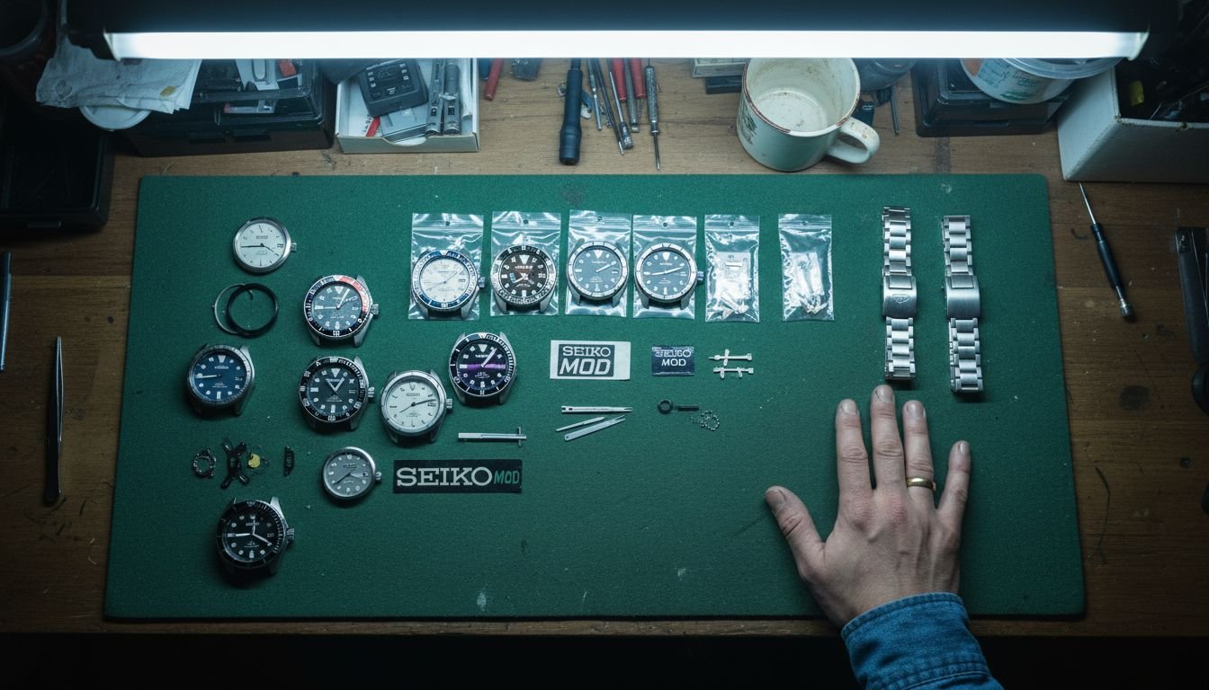 Flat lay of custom Seiko watch parts