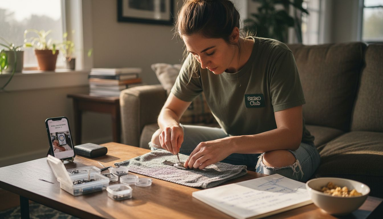 Woman disassembling Seiko watch with care