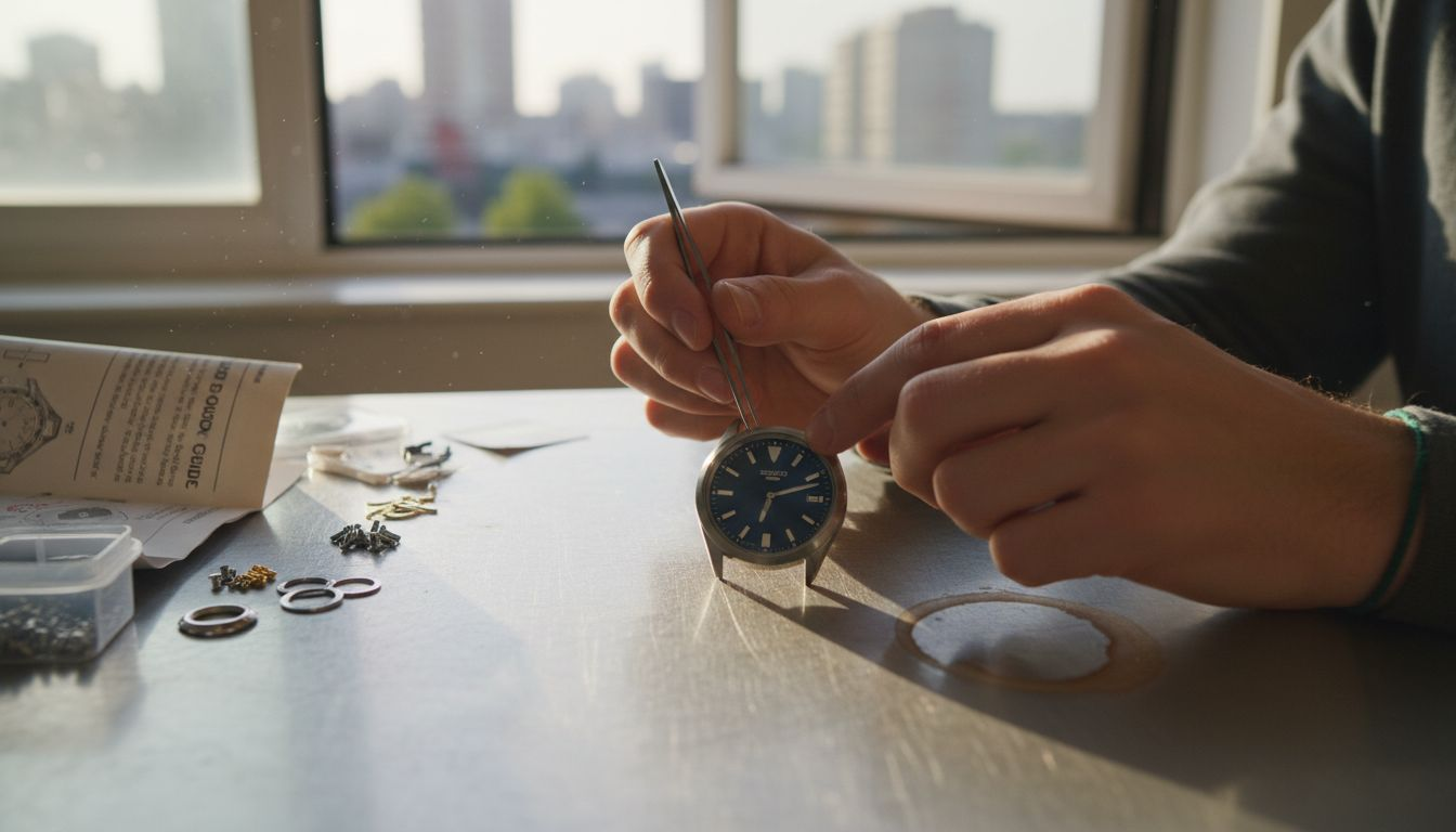 Hands assembling custom Seiko watch dial