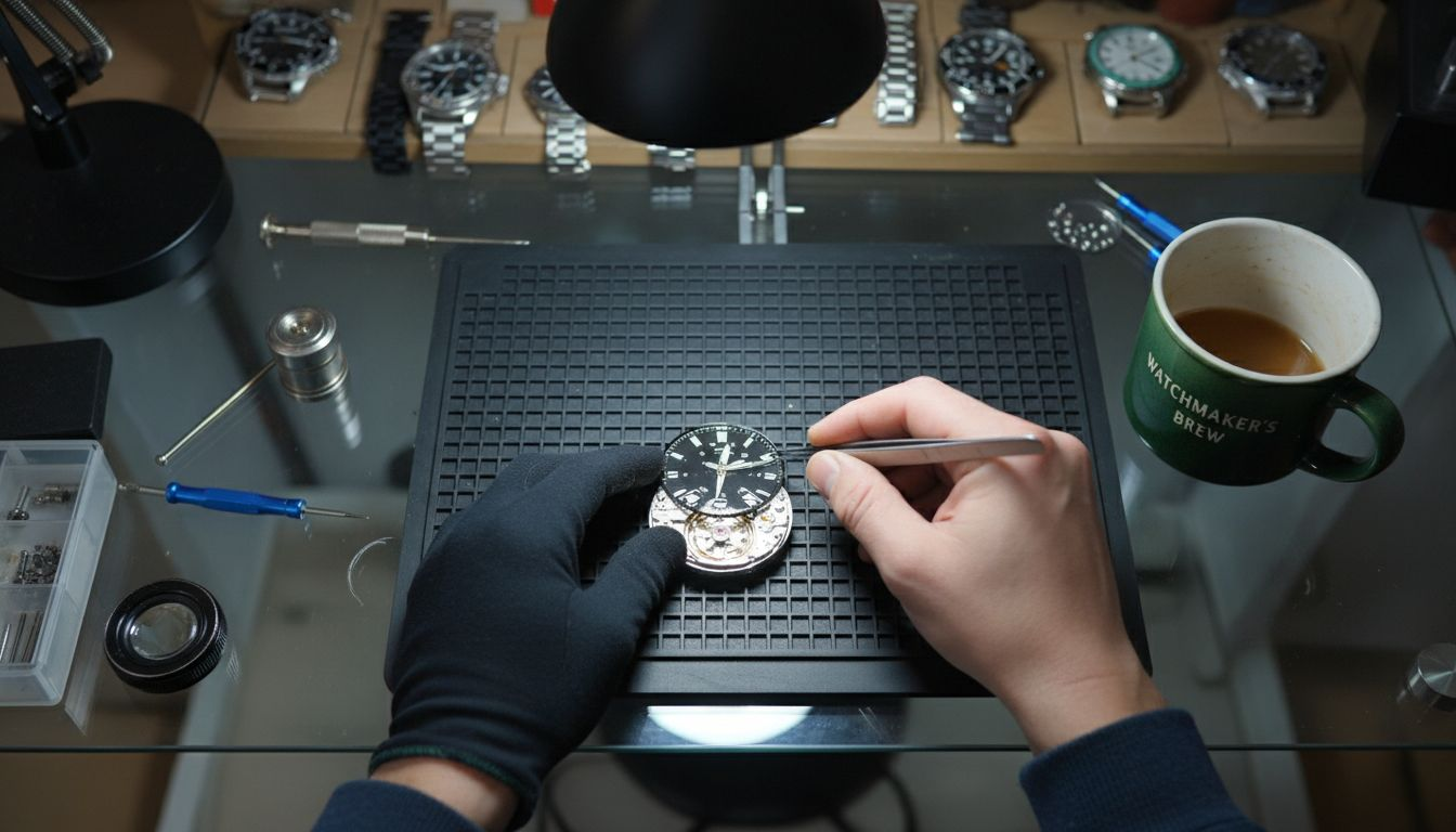 Hands assembling custom Seiko watch components
