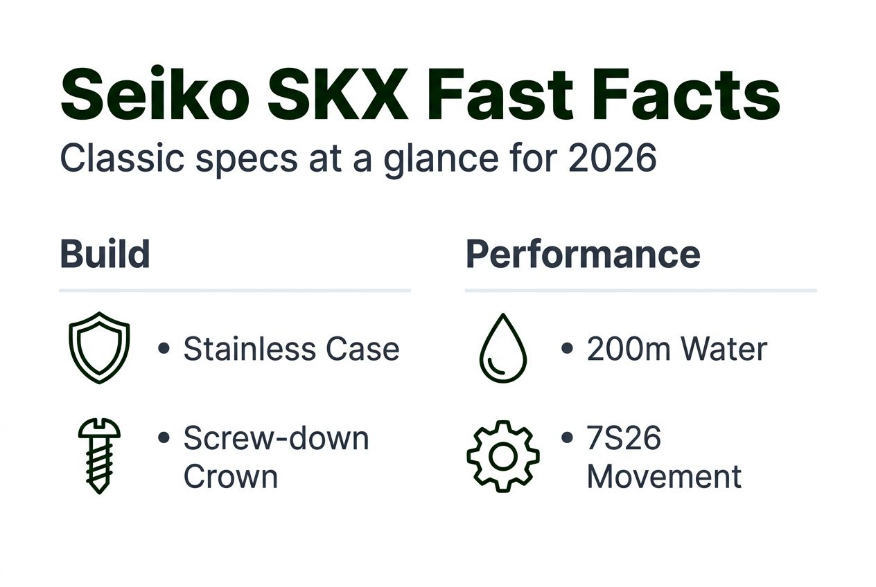 Infographic with Seiko SKX essential feature summary