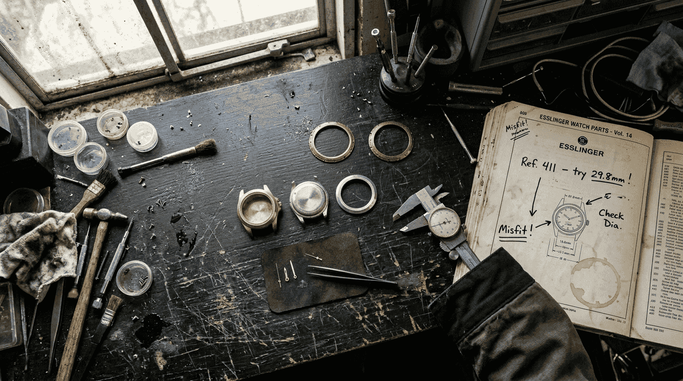 Watch parts and tools on workbench overhead